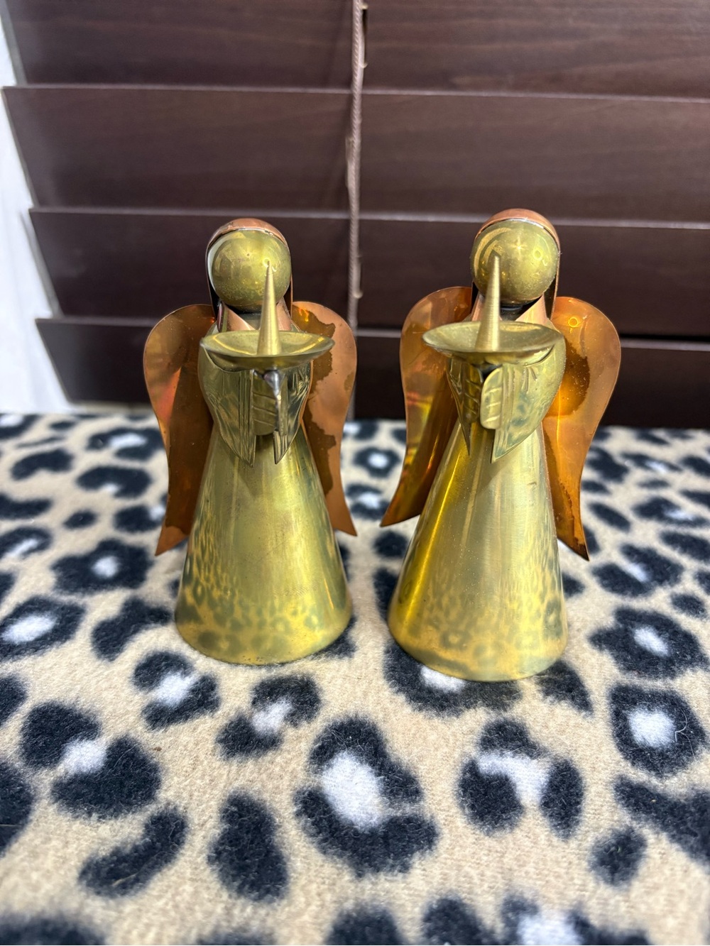 pair of vintage mid-century brass and copper figural angel taper candle holders